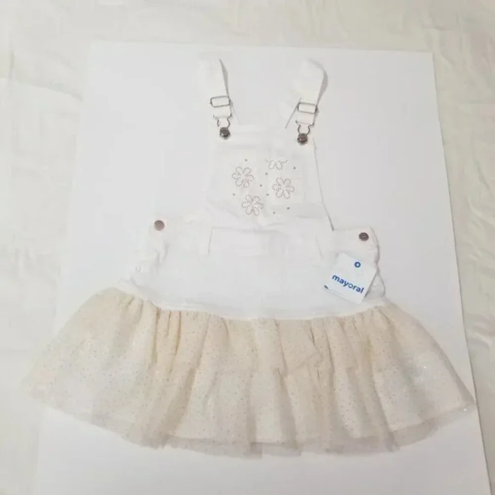 Nwt Mayoral white denim overall skirt sparkly bottom size 6 (F13)